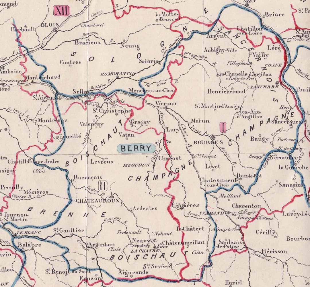 Carte de l'ancienne province de Berry (France). Extrait du Glossaire du Centre de la France, de Jaubert (1864) - Sources: Wikipedia