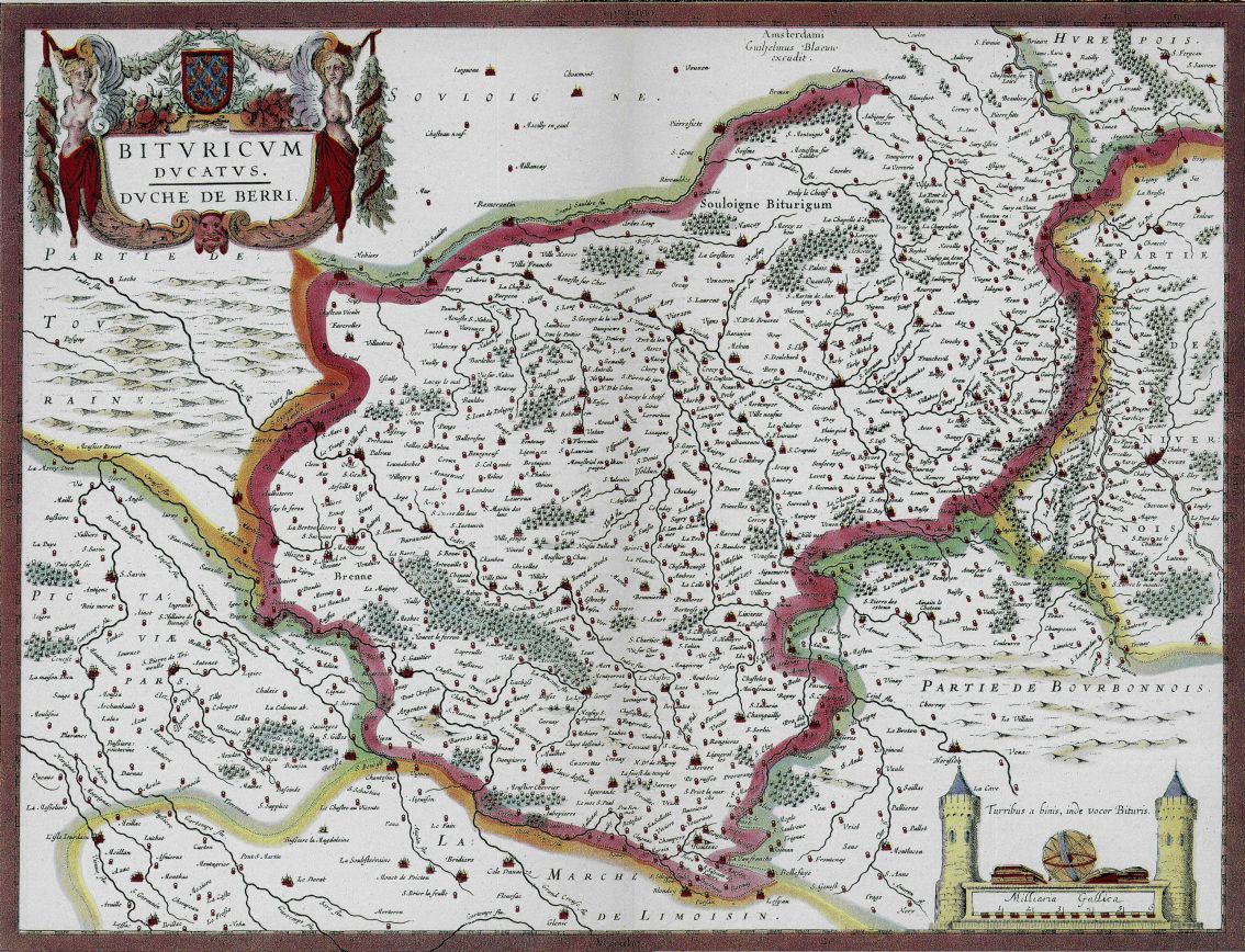 'Bituricum Ducatus. Duche de Berri.', par W.Blaeu, publiée à Amsterdam en 1645 - Source http://www.swaen.com/antique-map-image-of.php?id=9343